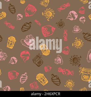 Cibo icone della linea di schizzo disegnate a mano motivo senza giunture su sfondo scuro Illustrazione Vettoriale