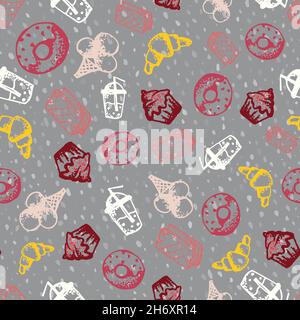 Cibo icone della linea di schizzo disegnate a mano motivo senza giunture su sfondo scuro Illustrazione Vettoriale