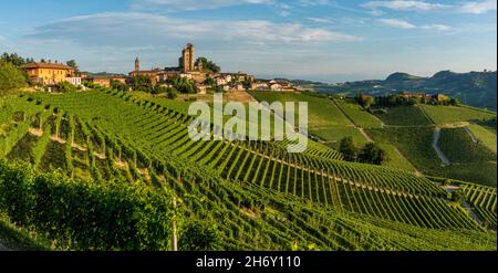 Il bellissimo borgo di Serralunga d'Alba e i suoi vigneti nelle Langhe del Piemonte. Foto Stock