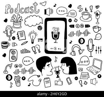 Concetto di schizzo del podcast. Podcaster uomo e donna che registra e parla nel microfono. Grande set di illustrazioni vettoriali in stile Doodle disegnato a mano Illustrazione Vettoriale