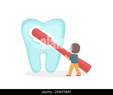 Piccolo ragazzo carattere spazzolando dente. Spazzolino per bambini. Mattina o sera tutti i giorni. Kid Dental Health Care, igiene e disciplina Concep Illustrazione Vettoriale