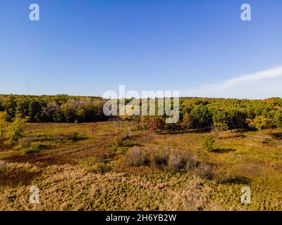 Veduta aerea dell'Arboreto della University of Wisconsin, Madison, Dane County, Wisconsin, USA, in un bel pomeriggio di giorno d'autunno. Foto Stock