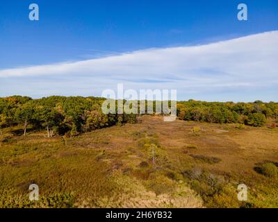 Veduta aerea dell'Arboreto della University of Wisconsin, Madison, Dane County, Wisconsin, USA, in un bel pomeriggio di giorno d'autunno. Foto Stock