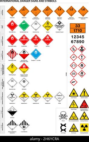 Raccolta internazionale di segnali di avvertimento chimici, industriali e di trasporto, illustrazione vettoriale Illustrazione Vettoriale