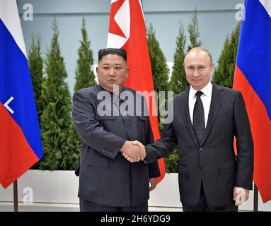 VLADIMIR PUTIN Presidente russo con il leader nordcoreano Kim-Jong-un nel Cremlino nel 2019. Foto: Alexei Nikolsky Foto Stock