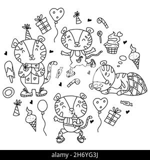 Grande set di doodles lineari con tigri carine - tigre dormiente, con gelato e in cappello di compleanno con palloncini e regali. Illustrazione vettoriale. Isolato Illustrazione Vettoriale