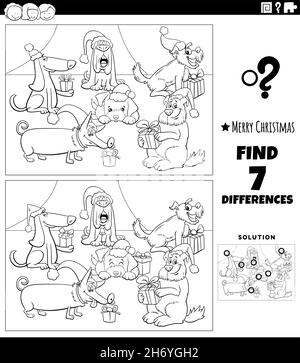 Illustrazione cartoon in bianco e nero di trovare le differenze tra le immagini gioco educativo per bambini con i caratteri divertenti dei cani sul tim di Natale Illustrazione Vettoriale