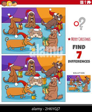 Illustrazione di Cartoon di trovare le differenze tra le immagini gioco educativo per i bambini con i caratteri divertenti dei cani sul tempo di Natale Illustrazione Vettoriale