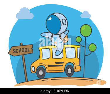 Illustrazione vettoriale di carino astronauta va a scuola sul bus della scuola. Torna a scuola e studiare con un compagno di classe Illustrazione Vettoriale