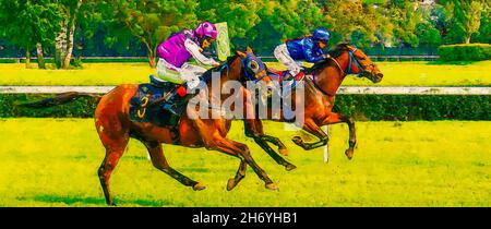 Pittura di due jockey ragazza durante le corse di cavalli sui suoi cavalli andando verso la linea di arrivo. Sport tradizionale. Foto Stock