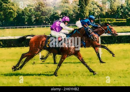 Pittura di due jockey ragazza durante le corse di cavalli sui suoi cavalli andando verso la linea di arrivo. Sport tradizionale. Foto Stock