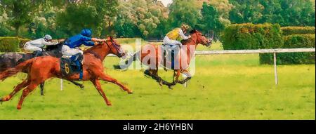 Pittura di jockey sui loro cavalli che corrono verso il traguardo in pista. Foto Stock