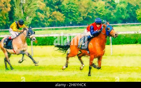 Jockey sui loro cavalli che corrono verso il traguardo in pista. Foto Stock