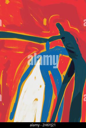 Persone allegre insieme con silhouette e forma umana rosso grunge arte, illustrazione, pittura Street art e pop-art Stimolante vernice acrilica Foto Stock