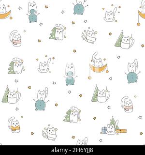 Modello senza cuciture di Natale. Divertente gatto doodle modello Foto Stock