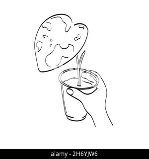 linea arte mano tenendo elefante pianta orecchio in vaso fiore vettore illustrazione isolato su sfondo bianco Illustrazione Vettoriale