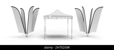 Mostra Pubblicità Outdoor Trade Show Pop-Up Marquee Tent Gazebo, Mockup Template con cluster di Banner Flags su entrambi i lati. Rendering 3D, Illustr Foto Stock