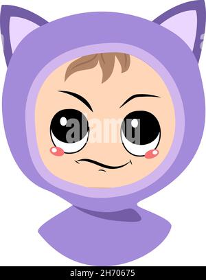 Avatar di bambino con emozioni di occhi sospettosi e dispiaciuti in gatto cappello. Cute capretto con l'espressione infastidita in headdress autunnale o invernale. Testa del bambino adorabile Illustrazione Vettoriale