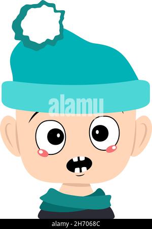 Avatar di bambino con emozioni panico, volto sorpreso, occhi scioccati in cappello blu con pompom. Testa del toddler con espressione spaventata Illustrazione Vettoriale