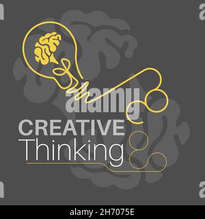 Concetto di pensiero creativo con lampadina e cervello su sfondo grigio. Simbolismo della creatività e del pensiero creativo. Illustrazione vettoriale. Illustrazione Vettoriale
