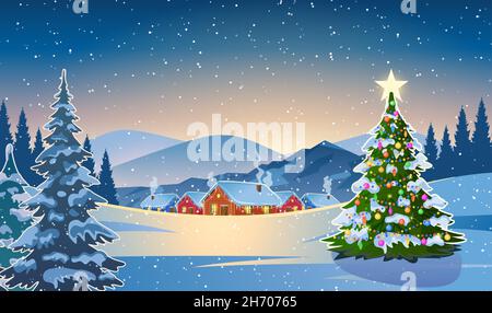 Inverno neve paesaggio e case Illustrazione Vettoriale