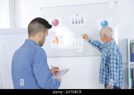 dipendente esperto che dà consigli ai colleghi più giovani Foto Stock