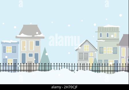 Illustrazione vettoriale del parco cittadino invernale con neve e grande sfondo moderno della città. Skyline della città invernale di Natale. Cute stile moderno flat vettoriale illust Illustrazione Vettoriale