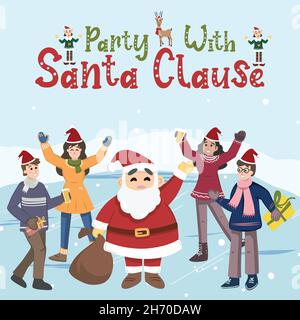 Festa di Natale con babbo Natale. Gruppo di uomini e ragazze che indossano costumi e vestiti di Babbo Natale, ballando. Piccolo vettore piatto moderno malato Illustrazione Vettoriale