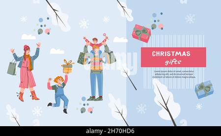 Interfaccia sito web per le vendite natalizie e i mercati invernali delle vacanze. Fiera invernale e spot di mercato. Modello banner Web con famiglia che acquista regalo di Natale Illustrazione Vettoriale