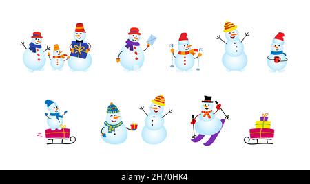 Set di vacanze invernali uomo di neve. Allegro pupazzo di neve di natale. La famiglia pupazzo di neve Illustrazione Vettoriale