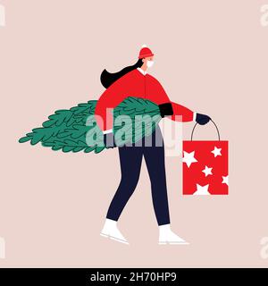 La ragazza porta un albero di Natale e un regalo. Shopping tradizionale di Natale. Il concetto di preparazione per la stagione invernale. Vettore piatto Illustrazione Vettoriale