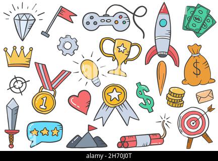 tecnologia di gamification concept doodle raccolte di set disegnati a mano con disegno vettoriale stile profilo piatto Foto Stock