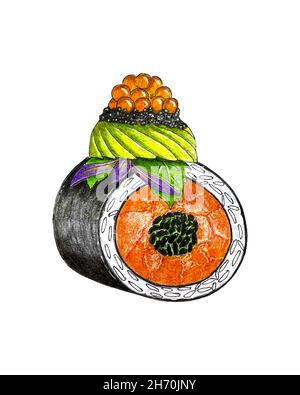 Rotolo di sushi, disegno a matita manuale, pesce caviale salmone riso sushimi foglia di menta e basilico, tracciatura, arte di schizzo, singolo, isolato, sfondo bianco. Illustrazione vettoriale Illustrazione Vettoriale