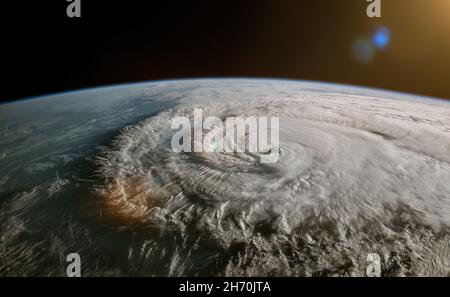 Immagine satellitare di una tempesta tropicale - uragano, ciclone o tifone. Concetto di cambiamento climatico. Elementi di questa immagine forniti dalla NASA. Foto Stock