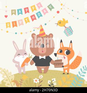 Divertente carta di compleanno felice. Gli animali del bambino carino insieme portano, coniglietto e volpe con la torta gustosa in vettore. Fiori e bandiere sullo sfondo. Pastello Illustrazione Vettoriale