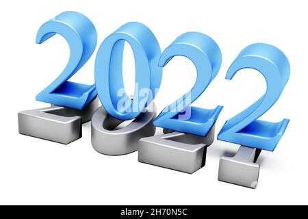 Nuovo anno 2022 concetto di vacanza. Il numero blu 2022 si trova a 2021. rendering 3d Foto Stock