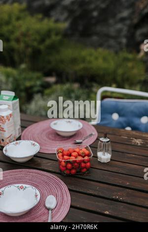 Piatti e fragole sul tavolo da giardino Foto Stock