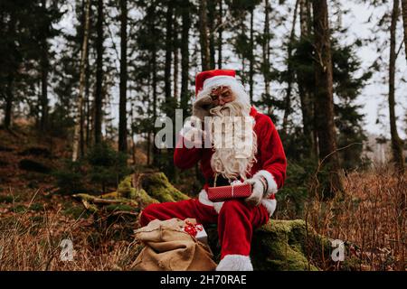 Uomo che indossa il costume di Santa seduta nella foresta Foto Stock