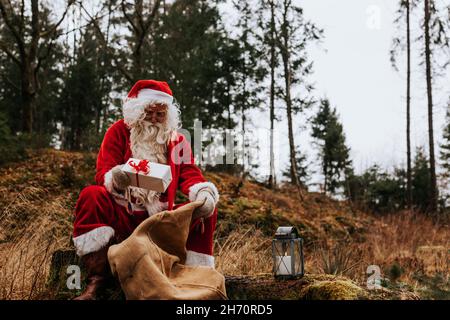 Uomo che indossa il costume di Santa seduta nella foresta Foto Stock