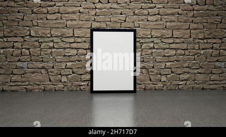 Poster mockup - cornice bianca contro un muro di mattoni. rendering 3d Foto Stock