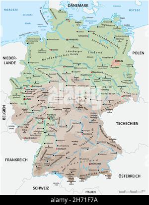 Mappa fisica molto dettagliata della Germania con caratteri tedeschi Illustrazione Vettoriale