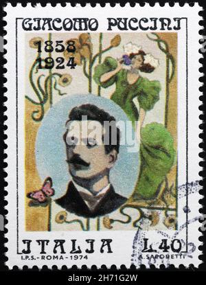 Grande compositore italiano Giacomo Puccini su francobollo Foto Stock