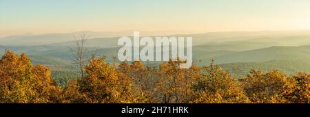 Vista sulla foresta nazionale di Ouachita dalla Talimena Scenic byway all'alba di una mattina di novembre, con nebbia nelle valli e sulle cime della collina Foto Stock