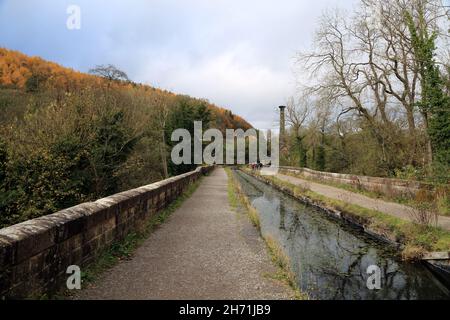 Leawood Aquaduct sul canale di Cromford mentre attraversa la riserva naturale di Derwentside, Cromford, Peak District, Derbyshire, Inghilterra, Regno Unito Foto Stock
