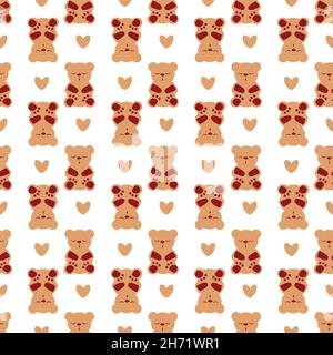 Sonno gummie e cuori vettore di sfondo senza giunture pattern. Sfondo con orsacchiotti in bianco arancio. Simpatici personaggi in stile kawaii per dormire bene Illustrazione Vettoriale