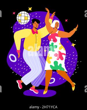 Ballare in discoteca - colorata illustrazione in stile piano. Il ragazzo e la ragazza felici stanno divertendosi nei riflettori. Tempo post-pandemico, bella cou Illustrazione Vettoriale
