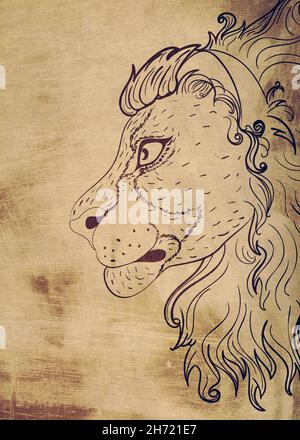 Testa di leone astratta, ritratto in stile retrò profilo texture illustrazione. Foto Stock