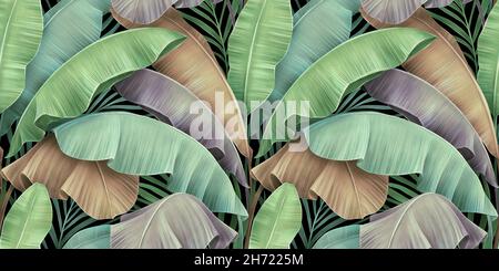 Tropicale esotico disegno senza giunture di colore pastello vintage foglie di banana, foglie di palma. Splendida illustrazione 3D disegnata a mano. Sfondi di lusso Foto Stock