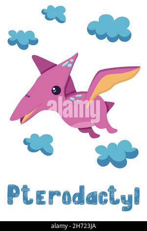 Una cartolina con un pterodactil che si alza tra le nuvole, l'era mesozoica dei dinosauri in stile piatto, isolato su un bianco. Illustrazione Vettoriale
