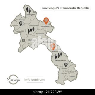 Mappa Laos, singole regioni con nomi, infografica e icone vettore Illustrazione Vettoriale